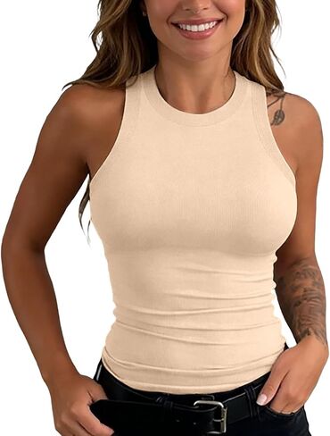 Womens Sleeveless High Neck Tank Tops Fashion Summer Casual Workout Yoga Cami Basic Slim Fit Ribbed Racerback Top Shirt in Saudi Arabia