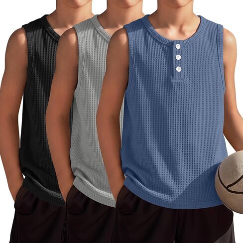 3 Pack Boys Tank Tops Kids Henley Waffle Undershirt Sleeveless Casual Summer Athletic Shirts Soft Tops 5-14 Years in Saudi Arabia