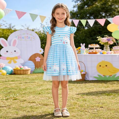 Girls Flutter Sleeve Dress Kids Striped Print Knee-Length Dress Girls Easter Cloths in Saudi Arabia