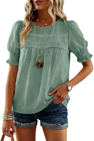 CHICME Womens Summer Tops Crewneck Puff Sleeve Shirts Dressy Casual Blouses Flowy Lace Hem Boho Clothing Trendy 2026 in Saudi Arabia