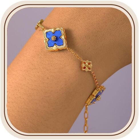 Four Leaf Clover Bracelet for Women, Adjustable 18K Gold Plated Lucky Charm, Reversible Double-Sided with Zirconia Floral Back, Enamel/MOP 5-Motif Jewelry Valentine's Day Gift in Saudi Arabia