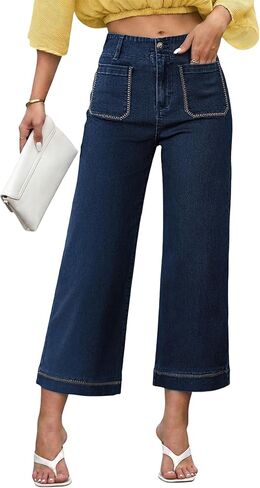 Dokotoo Womens Wide Leg Jeans High Waisted Stretchy Straight Leg Jeans Contrast Stitching Cropped Ankle Denim Pants in Saudi Arabia