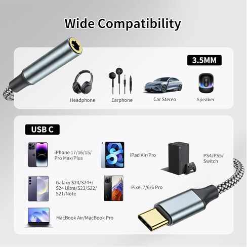 كابل صوت Aux إلى USB C 3.5 مم (4 أقدام)، سلك مقبس سماعة رأس من النوع C إلى 3.5 مم للسيارة، سلك ستيريو للسيارة متوافق مع Samsung Galaxy S22 S22+ S21 Dongle Google مكبر الصوت Ipad Pro in Kuwait