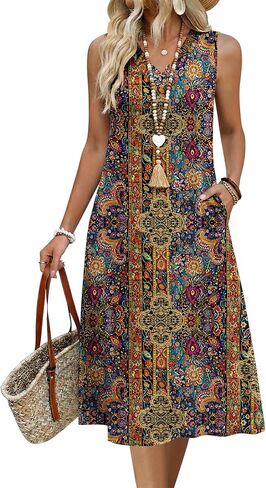 Zeagoo Sundresses Dresses for Women 2026 Summer Sleeveless V Neck Casual Midi Tank Beach Vacation Dresses with Pockets in Saudi Arabia