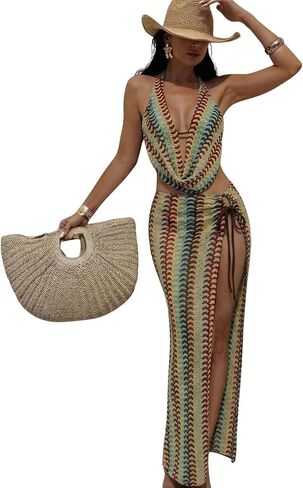 Verdusa Women's 3 Piece Boho Chevron Halter Bikini Set Cheeky Swimsuit with Cover Up Skirt in Saudi Arabia