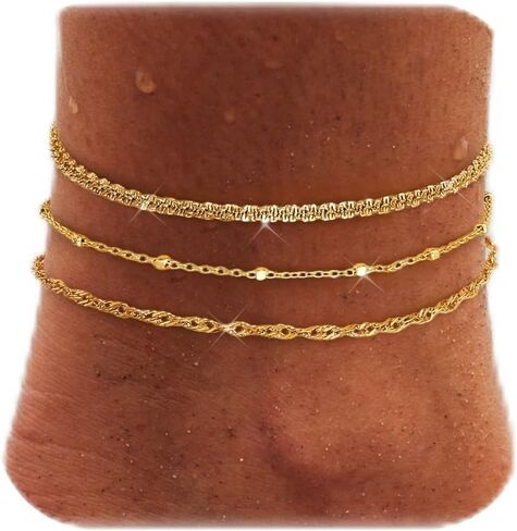 LOYALLOOK Gold Ankle Bracelets for Women, 14K Gold Plated Layered Anklets for Women Waterproof, Adjustable Beaded Herringbone Paperclip Cuban Link Anklet Set, Summer Beach Foot Jewelry for Women in Saudi Arabia