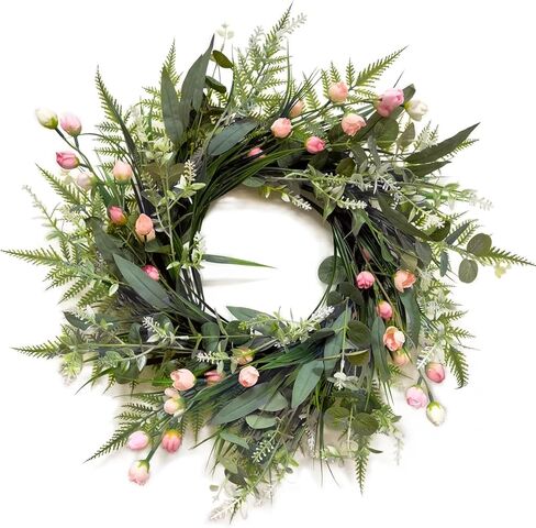 24 Inch Spring Wreath for Front Door, Grapevine Half Greenery Wreaths with Pink Peony Lavender Flowers & Eucalyptus Olive Leaves for Farmhouse Decor Porch Wall Indoor Outdoor Decoration in Saudi Arabia