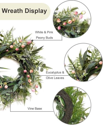 24 Inch Spring Wreath for Front Door, Grapevine Half Greenery Wreaths with Pink Peony Lavender Flowers & Eucalyptus Olive Leaves for Farmhouse Decor Porch Wall Indoor Outdoor Decoration in Saudi Arabia