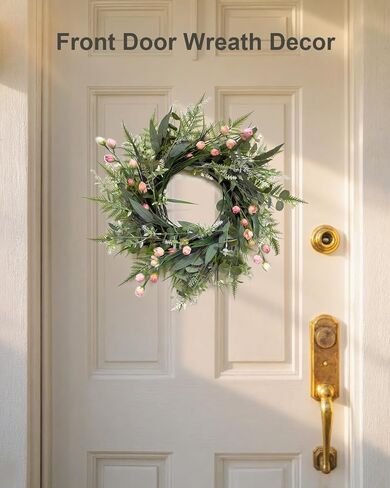 24 Inch Spring Wreath for Front Door, Grapevine Half Greenery Wreaths with Pink Peony Lavender Flowers & Eucalyptus Olive Leaves for Farmhouse Decor Porch Wall Indoor Outdoor Decoration in Saudi Arabia