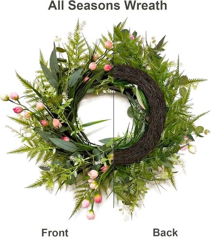 24 Inch Spring Wreath for Front Door, Grapevine Half Greenery Wreaths with Pink Peony Lavender Flowers & Eucalyptus Olive Leaves for Farmhouse Decor Porch Wall Indoor Outdoor Decoration in Saudi Arabia
