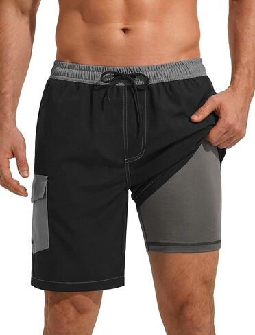 SILKWORLD Mens Swim Trunks with Compression Liner 9 Inch Quick-Dry Bathing Suit Beach Cargo Shorts with Zipper Pockets in Saudi Arabia