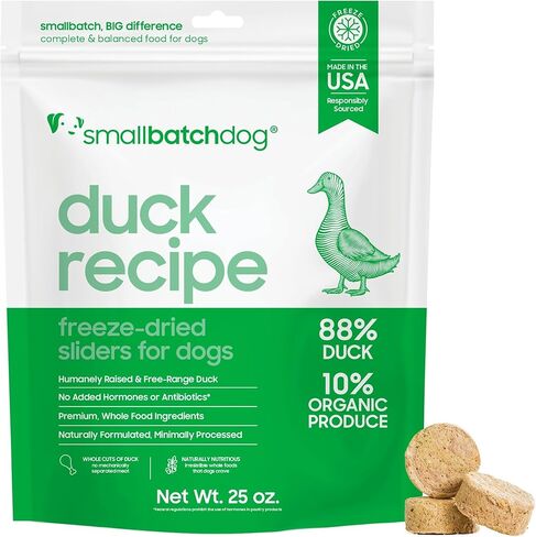 Smallbatch Pets نظام غذائي خام ممتاز مجفف بالتجميد للكلاب، وصفة البط، 14 أونصة، صنع في الولايات المتحدة الأمريكية، منتجات عضوية، لحم مرفوع بطريقة إنسانية، فطائر مرطّبة ومقدمة، بروتين مصدر واحد، صحي in Kuwait