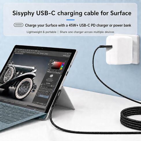 كيبل شحن USB نوع سي بسطح مضفر من النايلون متوافق مع مايكروسوفت سيرفس برو 7/6/5/4/3 سيرفيس لابتوب 1/2 45 واط 15 فولت شحن بي دي يعمل مع مزود طاقة بي دي - 1.5 متر in Saudi Arabia