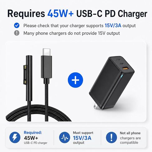 كيبل شحن USB نوع سي بسطح مضفر من النايلون متوافق مع مايكروسوفت سيرفس برو 7/6/5/4/3 سيرفيس لابتوب 1/2 45 واط 15 فولت شحن بي دي يعمل مع مزود طاقة بي دي - 1.5 متر in Saudi Arabia