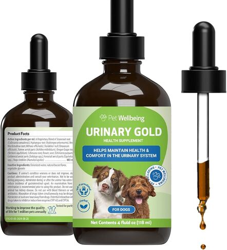 Pet Wellbeing Gold البولية للكلاب والقطط - تركيبة بيطرية - صحة المسالك البولية، التهاب المسالك البولية وعدوى المثانة، درجة حموضة البول الطبيعية - مكمل عشبي طبيعي 4 أونصة (118 مل) in Kuwait