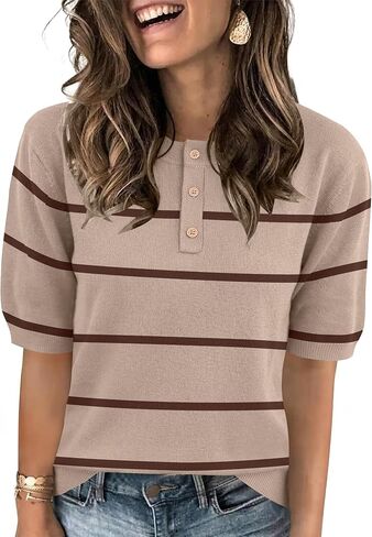 AKEWEI Sweaters for Women Crew Neck Short Sleeve Tops Knit Button Down Shirts Pullover Sweater in Saudi Arabia