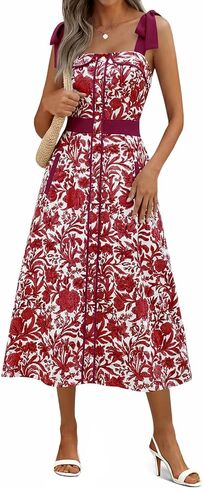 Wenrine Womens Summer Floral Midi Dress Casual Tie Strap Sleeveless Smocked Button Boho Flowy Beach Sundress with Pocket in Saudi Arabia