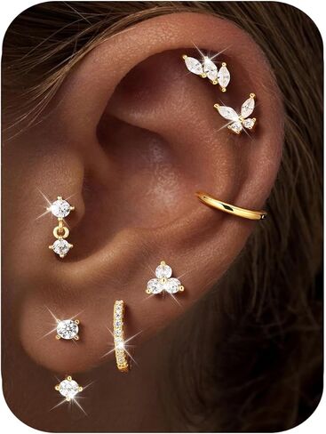 M MOOHAM Flat Back Earrings Stack for Women, Hypoallergenic 14K Gold-Plated Surgical Steel Earrings for Sensitive Ears Small CZ Stud Hoop Cartilage Earring Set Trendy Multiple Piercing Jewelry Gifts in Saudi Arabia
