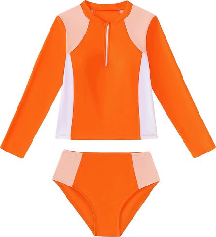 Mioglrie Girls Swimsuit Teen Bathing Suits Long Sleeve Girls' Swimwear Zipper Kids 2 Piece Tankini Swim Suit for Girl in Saudi Arabia