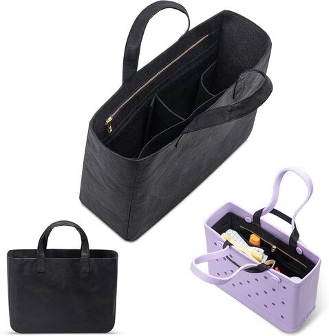 Beach Bag Organizer Insert Compatible with Bogg Bag Large – Water-Resistant DuPont Paper Outer + Structured Felt Lining, Up to 10 Pockets, Long Zipper, 2-in-1 Tote Insert (Black, Large) in Saudi Arabia
