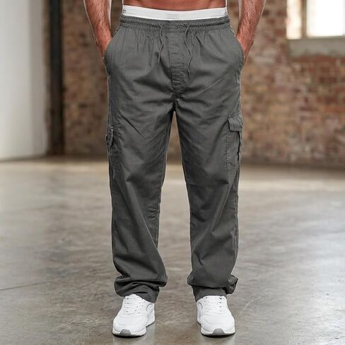 Mens Cargo Pants Drawstring Casual Hiking Pants Joggers Cargo Trousers Loose Straight Sweatpants with Pockets in Saudi Arabia