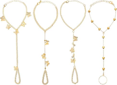 4Pcs Gold Hand Chain Bracelets for Women Trendy Gold Plated Ring Bracelet Hand Chain Dainty Stackable Hands Chains Bracelets Simple Adjustable Bracelet Jewelry Gifts Set in Saudi Arabia