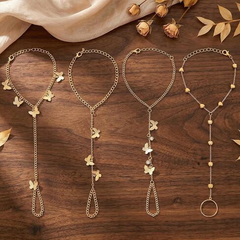 4Pcs Gold Hand Chain Bracelets for Women Trendy Gold Plated Ring Bracelet Hand Chain Dainty Stackable Hands Chains Bracelets Simple Adjustable Bracelet Jewelry Gifts Set in Saudi Arabia