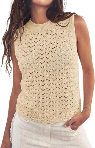 Fisoew Womens Summer Knit Sweater Vest Sleeveless Crochet Crop Tank Tops Hollow Out Boho Beach Vacation Cover Ups in Saudi Arabia