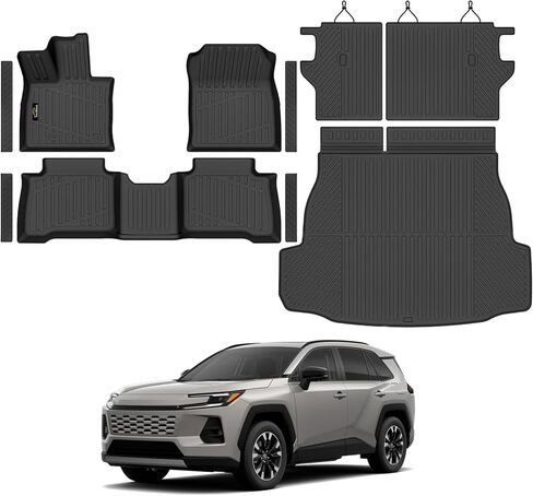 سجادات أرضية مخصصة لسيارة Toyota RAV4 Hybrid 2026، سجادة صندوق السيارة مع مسند ظهر، مجموعة كاملة من بطانات TPE لجميع الأحوال الجوية، واقي البضائع لملحقات RAV-4 2026، أسود in Kuwait