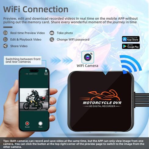 VSYSTO WiFi دراجة نارية داش كام، كامل الجسم مقاوم للماء HD 1080P أمامي وخلفي رياضي مقاوم للحوادث كاميرا DVR للدراجات النارية، رؤية ليلية G-Sensor Loop Recording in Kuwait