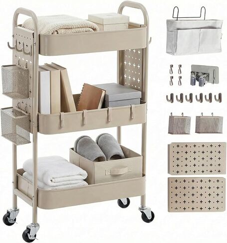 3 Tier Rolling Cart with DIY Pegboards & Mop Holder, Metal Utility Cart with Wheels, Hooks and Bins, Storage Organizer for Bathroom, Laundry, Kitchen, Office, Craft Room (White) in Saudi Arabia
