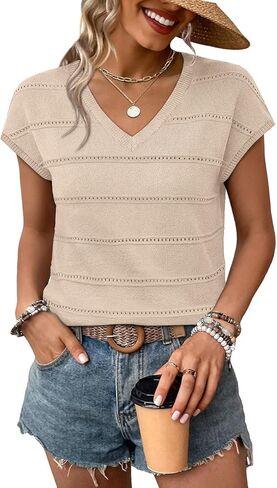 WIHOLL Short Sleeve Sweater for Women V Neck Trendy Summer Tops 2026 Spring Fashion Clothing Business Casual Outfits in Saudi Arabia