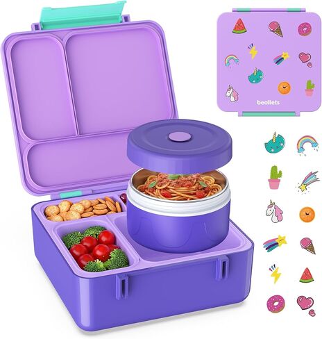 Bento Box for Kids, Lunch Box with Sticker and Leak-Proof Vacuum Food Jar, 4 Compartment BPA-Free Toddler Bento Box for School, Machine-Washable and Removable Compartments for Boy(Pink) in Saudi Arabia