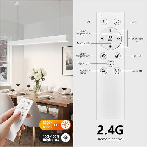 8070 4FT LED ضوء قلادة خطي مع 2.4G جهاز تحكم عن بعد 3000-6000K 50W LED ارتفاع قابل للتعديل ضوء قلادة، اتصال سلس، مطبخ، غرفة طعام، غرفة معيشة، مكتب أسود غير لامع in Kuwait
