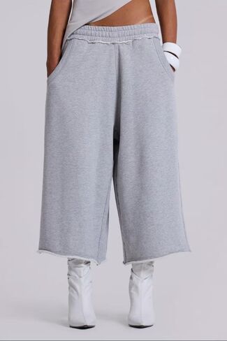 Giraropa المرأة اقتصاص Sweatpants مرونة الخصر فضفاض واسعة الساق كابري السراويل عارضة السراويل مع جيوب أسود/رمادي in Kuwait