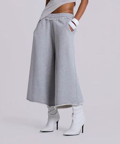 Giraropa المرأة اقتصاص Sweatpants مرونة الخصر فضفاض واسعة الساق كابري السراويل عارضة السراويل مع جيوب أسود/رمادي in Kuwait
