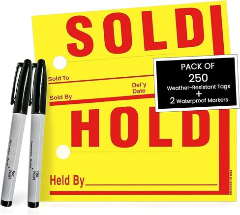 علامات MICRO TEC Jumbo Hold/Sold مع لمسة نهائية مصقولة - علامات صفراء متينة مقاس 8 × 4 بوصة مع طباعة حمراء جريئة، مقاومة للطقس، إصدار خارجي، تتضمن 2 علامة مقاومة للماء - عبوة من 250 قطعة in Kuwait