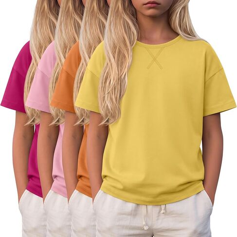 4 Pack Girls Short Sleeve T-Shirts 5-14Y Crew Neck Drop Shoulder Tops Kids Loose Casual Athletic Basic Shirts Tees in Saudi Arabia