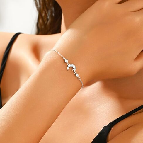 Moon Bracelet For Women Crescent Sterling Silver Bracelets Dainty Link Chain Charm Bracelet CZ Diamond Personalized White Shell Moon Star Adjustable Bangle Bracelets Mother's Day Ramadan Valentine's Day Birthday Anniversary Jewelry Gift For Her Women Love in Saudi Arabia