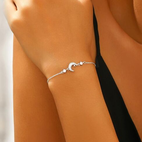 Moon Bracelet For Women Crescent Sterling Silver Bracelets Dainty Link Chain Charm Bracelet CZ Diamond Personalized White Shell Moon Star Adjustable Bangle Bracelets Mother's Day Ramadan Valentine's Day Birthday Anniversary Jewelry Gift For Her Women Love in Saudi Arabia