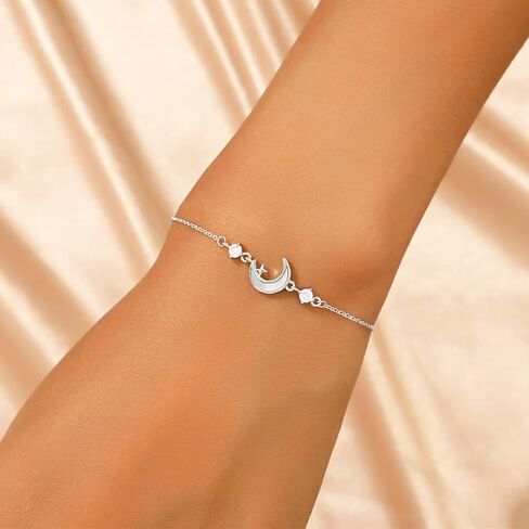 Moon Bracelet For Women Crescent Sterling Silver Bracelets Dainty Link Chain Charm Bracelet CZ Diamond Personalized White Shell Moon Star Adjustable Bangle Bracelets Mother's Day Ramadan Valentine's Day Birthday Anniversary Jewelry Gift For Her Women Love in Saudi Arabia