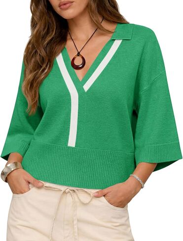 Saodimallsu Womens 3/4 Sleeve Sweater Tops V Neck Collared Oversized Color Block Causal Knit Polo Shirts in Saudi Arabia