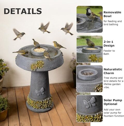 29.53" Tall Water Fountain Outdoor with Birds, Bird Bath Fountain with Removable Feeding Bowl Tree Trunk Design Resin Freestanding Water Fountains for Outside, Garden, Patio, Lawn, Yard in Saudi Arabia