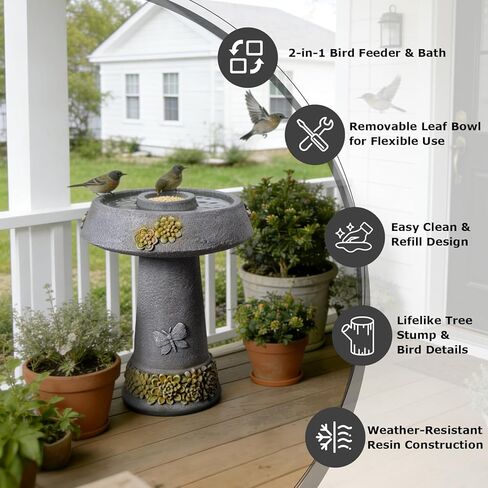 29.53" Tall Water Fountain Outdoor with Birds, Bird Bath Fountain with Removable Feeding Bowl Tree Trunk Design Resin Freestanding Water Fountains for Outside, Garden, Patio, Lawn, Yard in Saudi Arabia
