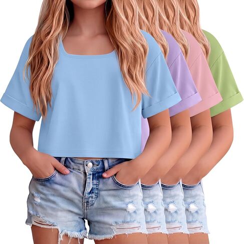 4 Pack Girls Oversized Crop Tops Kids Square Neck Cropped T Shirts Basic Cuffed Short Sleeve Tees Summer 5-14 Y in Saudi Arabia