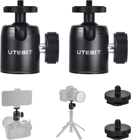 UTEBIT 2 Pack Mini Tripod Ball Head with 1/4" Camera Hot Shoe Mount, Black | 360° Vertical Pan 90° Camera Mount Adapter Photograph Attachment Accessories for Action Cameras Cam Light Microphone in Saudi Arabia