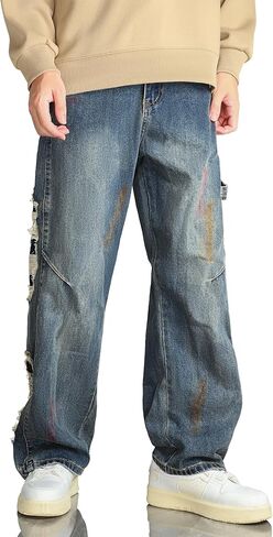 Ripped Jeans Men Barrel Relaxed Fit Baggy Jeans for Mens y2k Long Trousers Loose Wide Leg Denim Pants for Boyfriend in Saudi Arabia