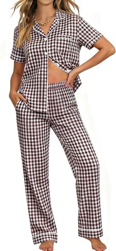 SWOMOG 100% Cotton Pajamas Set for Women Button-Down Pjs Short Sleeve Tops and Pants with Pocket 2PCS Loungewear Pj in Saudi Arabia
