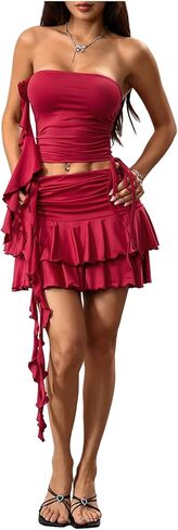 GORGLITTER Women's 2 Piece Skirt Sets 3D Floral Strapless Tube Top and Tiered Ruffle Mini Skirt Going Out Outfits in Saudi Arabia