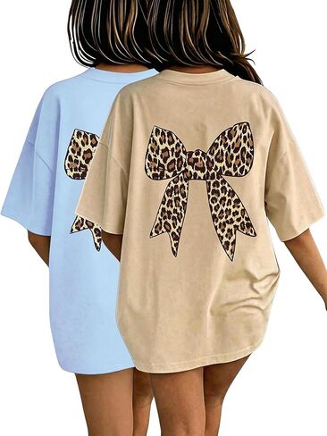 Girl's 2 Pack Bow Leopard Graphic Tees Short Sleeve Preppy Summer Tops Aesthetic Baggy Tops Trendy in Saudi Arabia